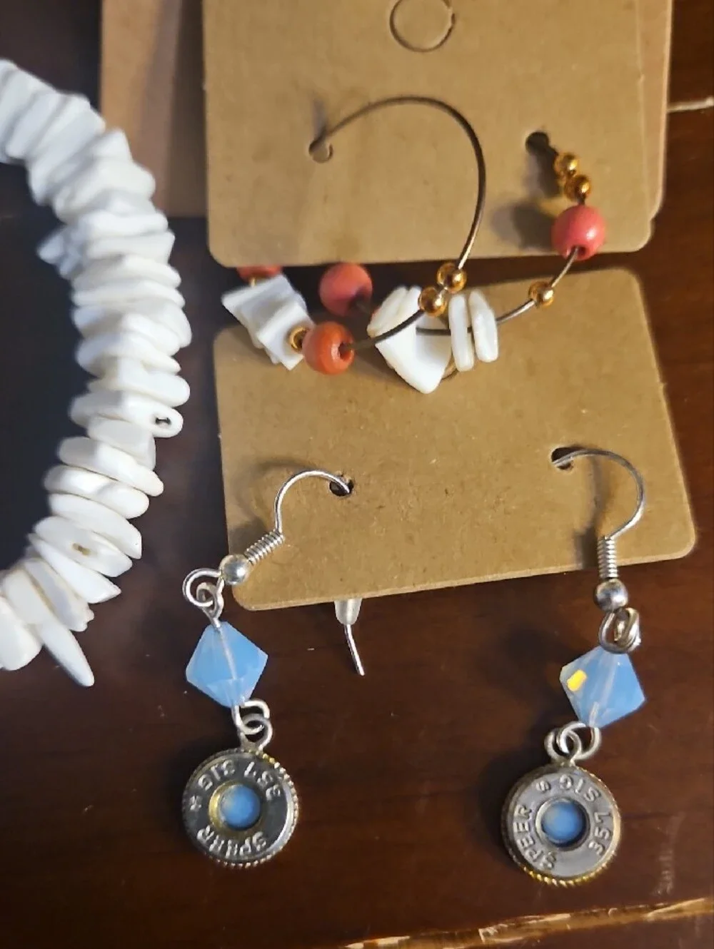 White Shell Stretch Bracelet with Blue Bead Accent Earrings Set